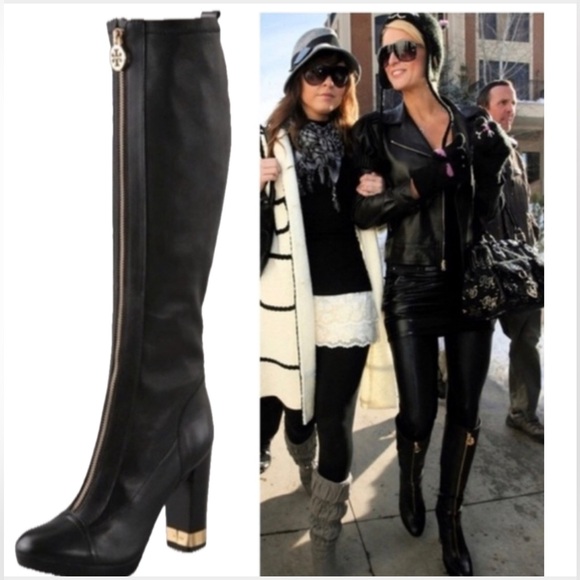TORY BURCH MARY Front Zip Stretch boots Black Size 7.5 - Picture 1 of 12